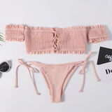 Shirred Lace-up Bardot Bikini Set