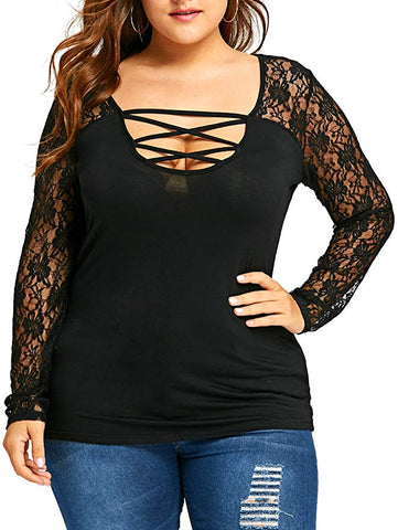 Women's Plus Size Lace Stitching Long Sleeve Cross Front V Neck Summer Casual Tee Top