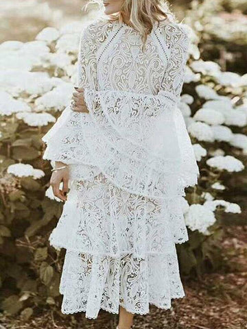 White Lace Flared Sleeves Tiered Falbala Midi Dress