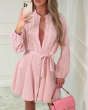 Buttoned Tied Detail Lantern Sleeve Casual Dress