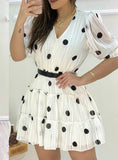 White Polka Dots Mesh Puff Sleeve Ruffles Casual Dress