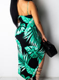 Green Women Floral Print Plunge Tied Detail Slit Maxi Dress