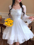 Vintage Sweet Kawaii Women French Elegant White Ruffle Party Dresses