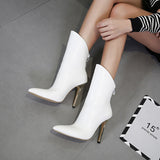 Trendy White Ankle Boots With Buckle Zipper Thin Metal Heels 