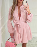 Buttoned Tied Detail Lantern Sleeve Casual Dress