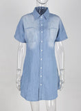 Blue Short Sleeve Buttoned Denim Shirt Dress