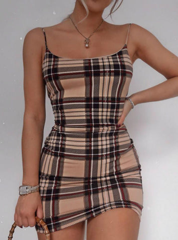 Women Spaghetti Strap Grid Mini Dress