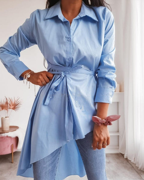 Long Sleeve Button Design Asymmetrical Shirt Dress