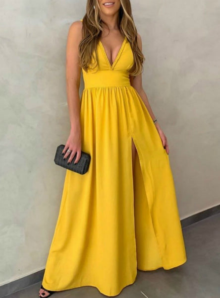 Yellow Solid V Neck Sleeveless Slit Maxi Dress