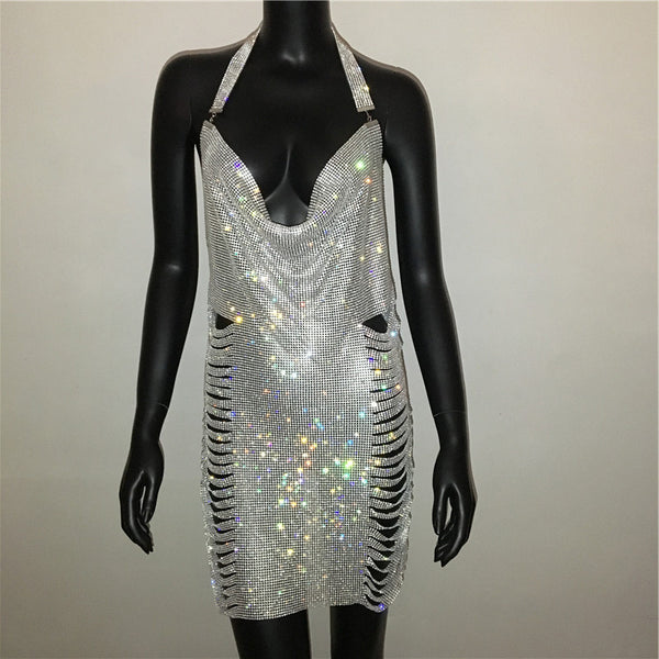 Metal Full Diamond Dress Nightclub Carnival Sexy Backless Flash Dress ...
