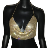 Rhinestone Babes Ultra Short Sexy Backless Metal Super Flash Halter Tank Top