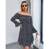 sexy word collar floral slim long sleeve ruffled dress