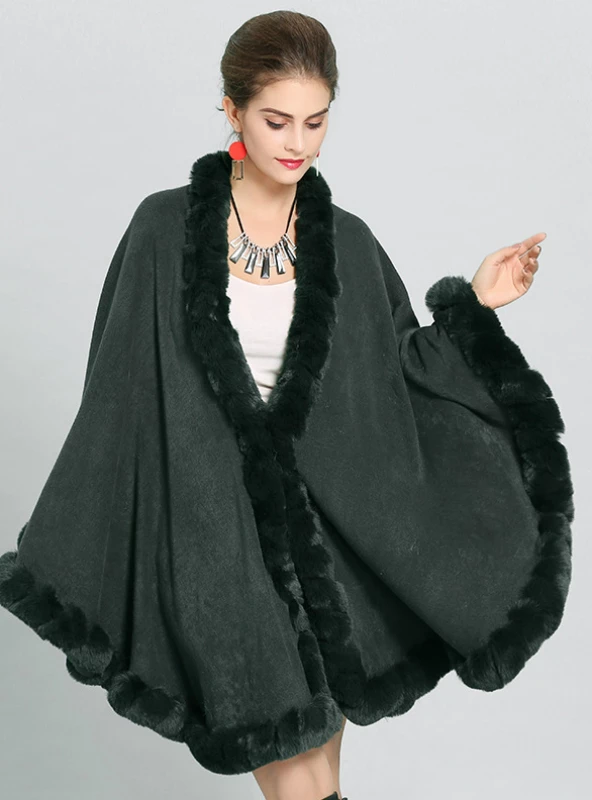 FOX LIKE FUR COLLAR KNITTED CAPE COAT WITH LARGE SHAWL – Ncocon