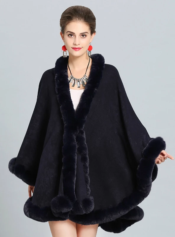 FOX LIKE FUR COLLAR KNITTED CAPE COAT WITH LARGE SHAWL – Ncocon