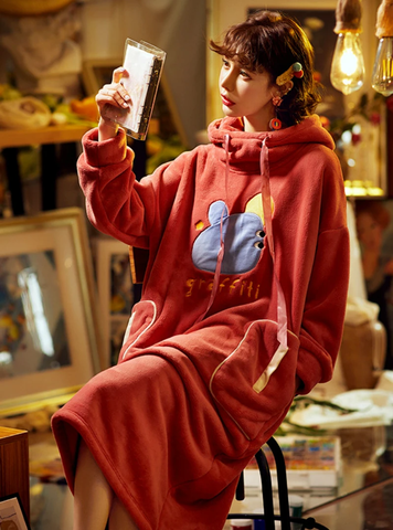 THICKENED LENGTHENED WARM CORAL FLEECE PAJAMAS RED DRESS