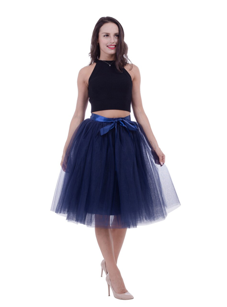 Navy Blue Gauze Belt Puff Tulle Skirt