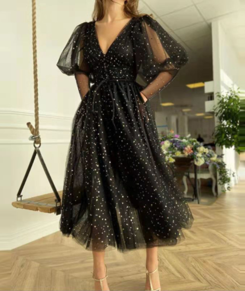 Glitter Mesh Puffed Long Sleeve Buttoned V Neck Dress