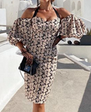 Chic Print Sexy Off Shoulder Low Cut Slim Halter Dress