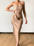 V-neck Sleeveless Backless Sexy Bright Silk Diamond Women Midi Dress