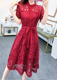 New Pleated Stand Collar Short Sleeve Single Breasted Polka Dot Lace Dress