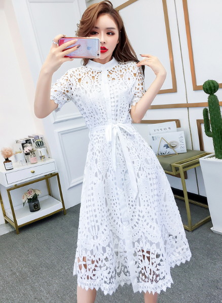 New Pleated Stand Collar Short Sleeve Single Breasted Polka Dot Lace Dress