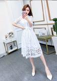 New Pleated Stand Collar Short Sleeve Single Breasted Polka Dot Lace Dress