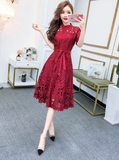 New Pleated Stand Collar Short Sleeve Single Breasted Polka Dot Lace Dress