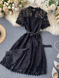 New Pleated Stand Collar Short Sleeve Single Breasted Polka Dot Lace Dress