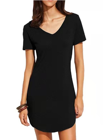 new women's short sleeved V-neck solid loose dress