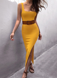 Fashion Women White Square Neck High Slit Backless Maxi Dress