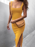 Fashion Women White Square Neck High Slit Backless Maxi Dress