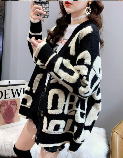 Winter knitted letter cardigan sweater coat V-neck cardigan women's jacket