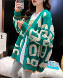 Winter knitted letter cardigan sweater coat V-neck cardigan women's jacket