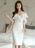 Simple White V-Neck Sexy Sling Strapless Decorative Ruffles Elegant Party Women's Dresses