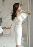 Simple White V-Neck Sexy Sling Strapless Decorative Ruffles Elegant Party Women's Dresses