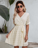 New Holiday V-neck Short Sleeves Dot Mini Dress Summer Women Tie Up Ruffle Dresses