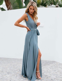 Women Solid Sexy Deep V-Neck Sleeveless Spaghetti Strap Party Dress High Split Long Sundress