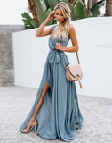 Women Solid Sexy Deep V-Neck Sleeveless Spaghetti Strap Party Dress High Split Long Sundress