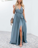 Women Solid Sexy Deep V-Neck Sleeveless Spaghetti Strap Party Dress High Split Long Sundress