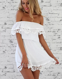 Trendy Off Shoulder Lace Panel Flounce Belted Dress