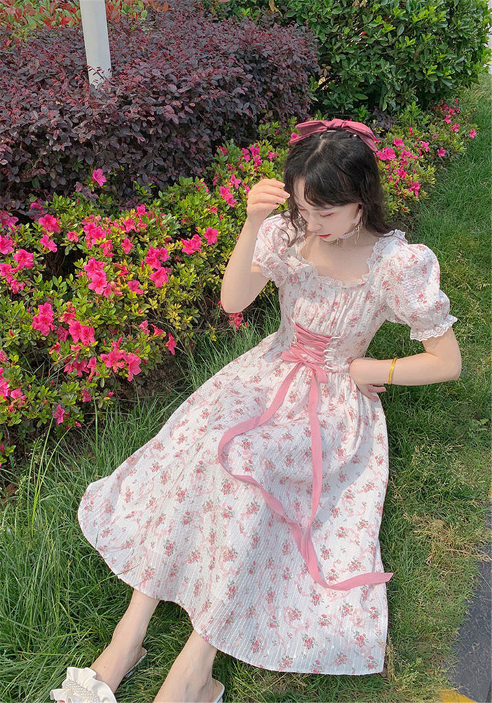 Elegant Floral Dress Women Lace Up Korean Princess Fairy Dress – Ncocon
