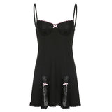 Summer Lace Patchwork Strap Bow Black Dress