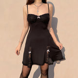 Summer Lace Patchwork Strap Bow Black Dress