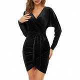 sexy women's wear large V-neck slim fit women's long sleeved belt velvet dress