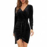 sexy women's wear large V-neck slim fit women's long sleeved belt velvet dress