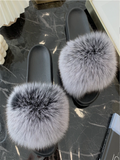 BLACK+GRAY FASHION WOMEN FOX FUR REAL FUR SLIPPERS