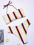 Convertible Strap Halter Sexy Vertical Stripes Backless Bikinis Swimsuits