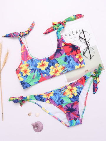 Super Elastic Sexy Backless Wireless Printed Flower Bowknot  Bikini Swimsuit